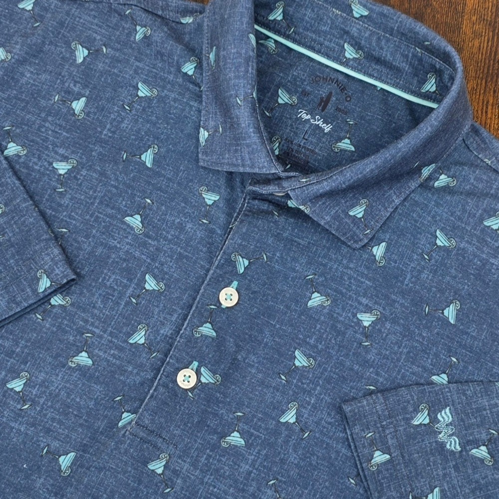 Johnnie-O Top‎ Shelf Polo Shirt Mens Large Blue Margarita Print Golf Performance